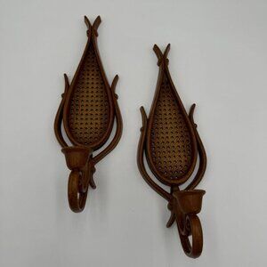 Homco Faux Rattan Wicker Teardrop Wall Sconce Candle Holders  Boho Bohemian MCM
